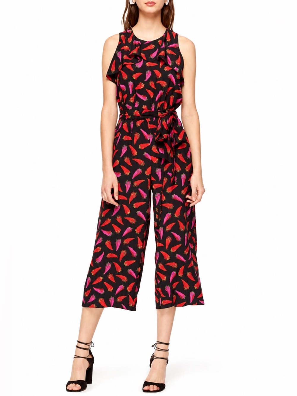 Kate Spade Black Sleeveless Silk Jumpsuit with Red & Pink Pepper Print - Size 4
